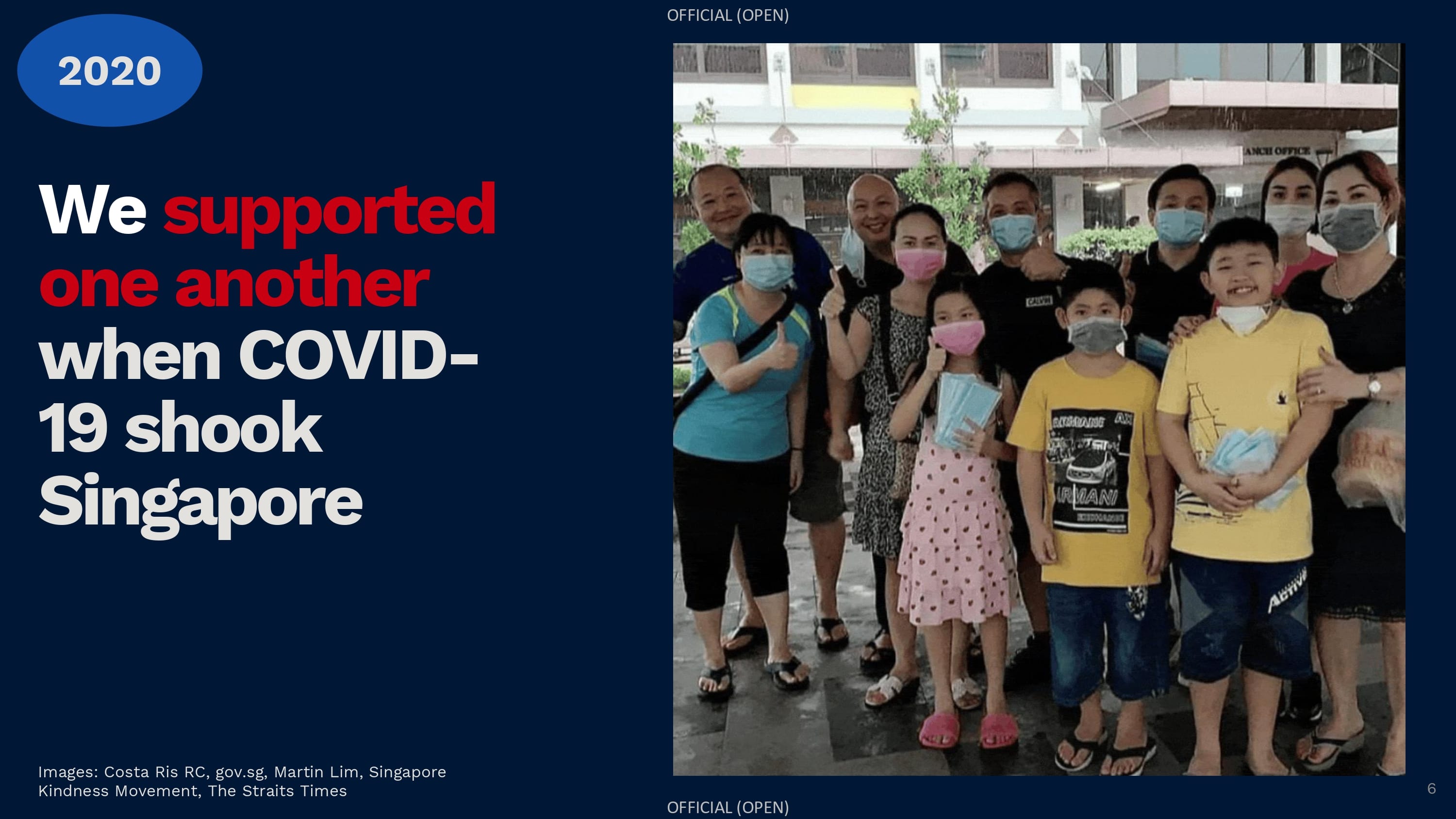 Slide titled "2020: We supported one another when COVID-19 shook Singapore" showing a group of residents holding face masks.